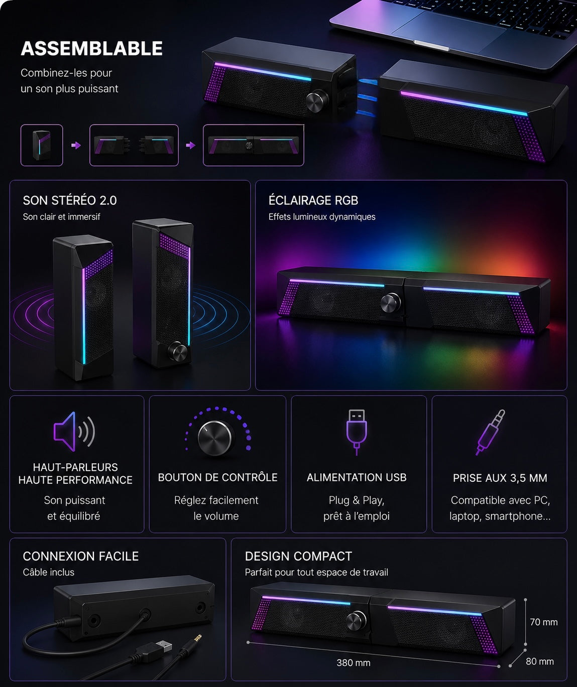 SHOPCAST DeskPro RGB — Enceintes PC USB Stéréo 2.0 | Lumières RGB 7 Couleurs, Jack 3.5mm, Gaming