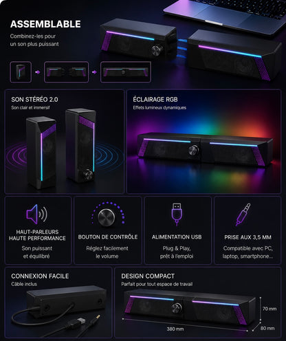 SHOPCAST DeskPro RGB — Enceintes PC USB Stéréo 2.0 | Lumières RGB 7 Couleurs, Jack 3.5mm, Gaming