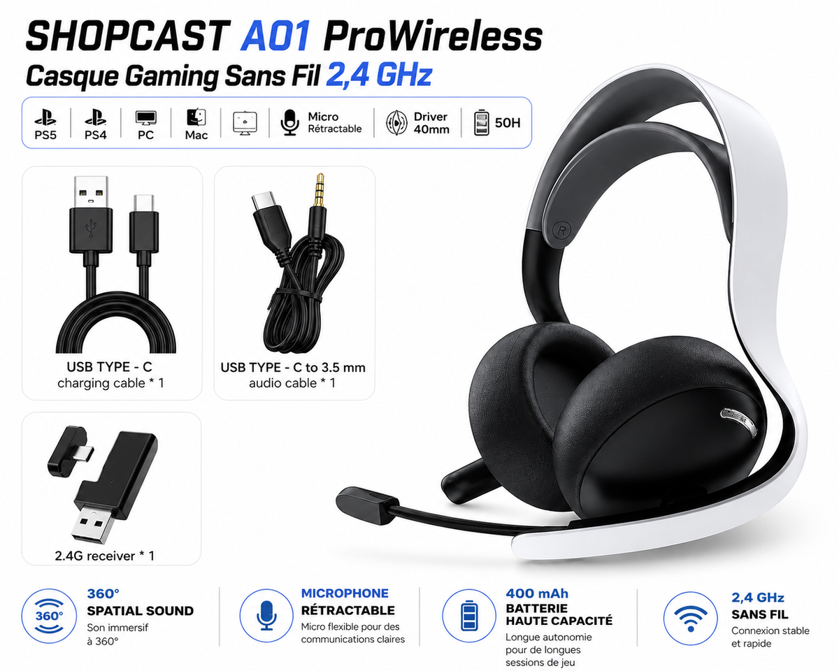 SHOPCAST A01 ProWireless – Casque Gaming Sans Fil 2,4 GHz | PS5, PS4, PC, Mac | Micro Rétractable | Driver 40mm | 50H