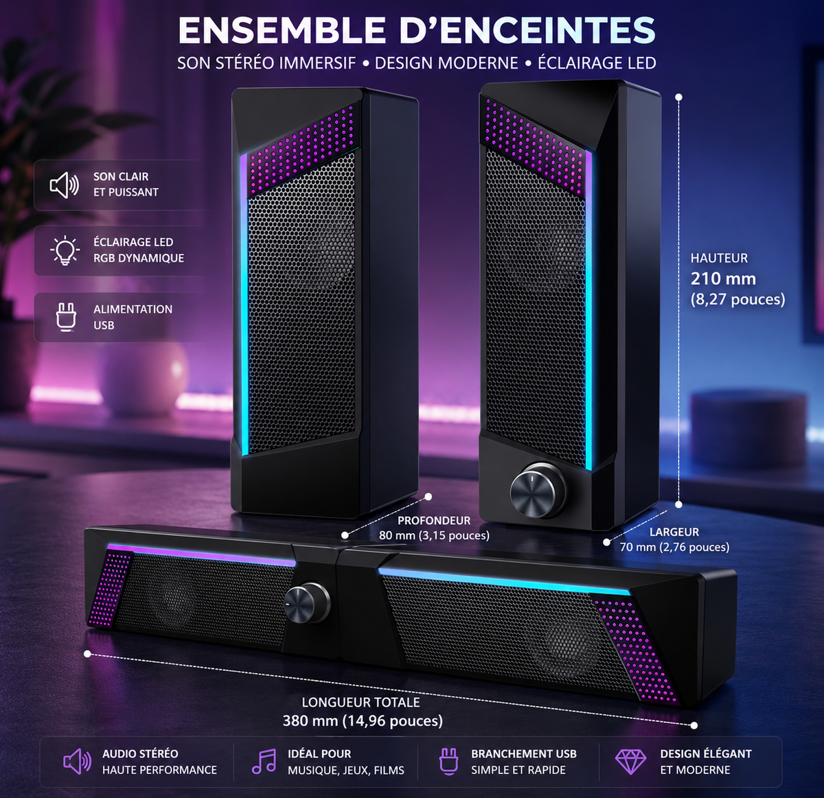 SHOPCAST DeskPro RGB — Enceintes PC USB Stéréo 2.0 | Lumières RGB 7 Couleurs, Jack 3.5mm, Gaming
