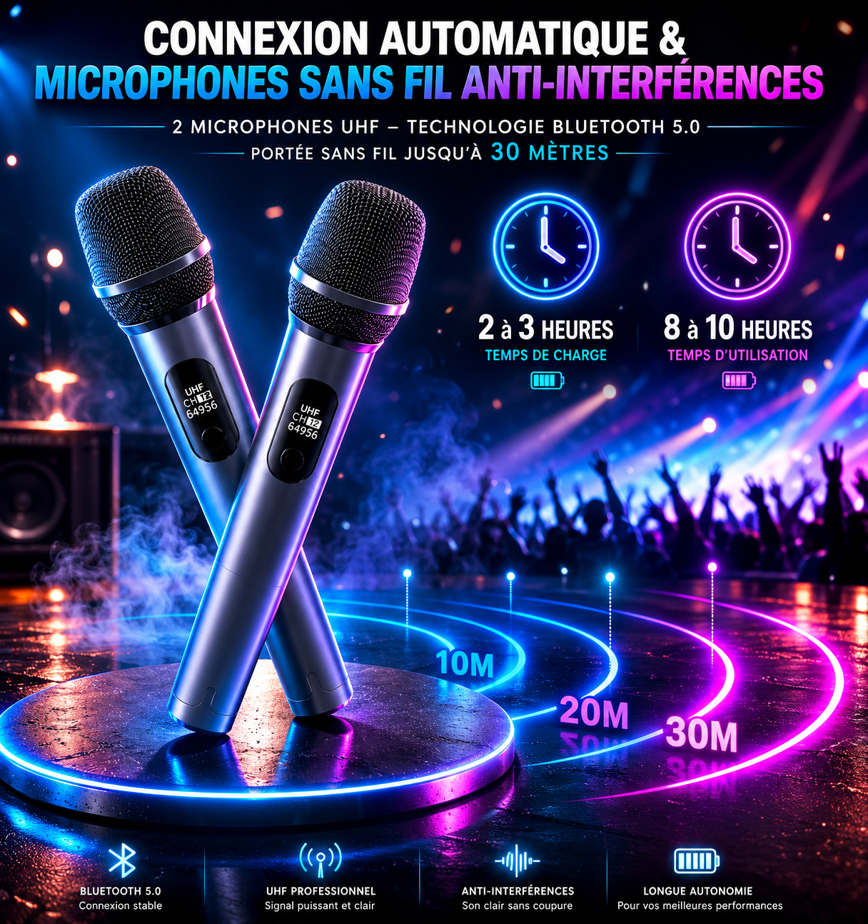 SHOPCAST KaraParty T10 — Enceinte Karaoké Bluetooth | 2 Micros, Lumières LED, Subwoofer, TWS, 8h Autonomie