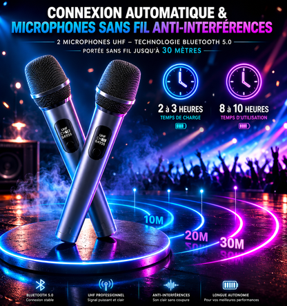 SHOPCAST KaraParty T10 — Enceinte Karaoké Bluetooth | 2 Micros, Lumières LED, Subwoofer, TWS, 8h Autonomie