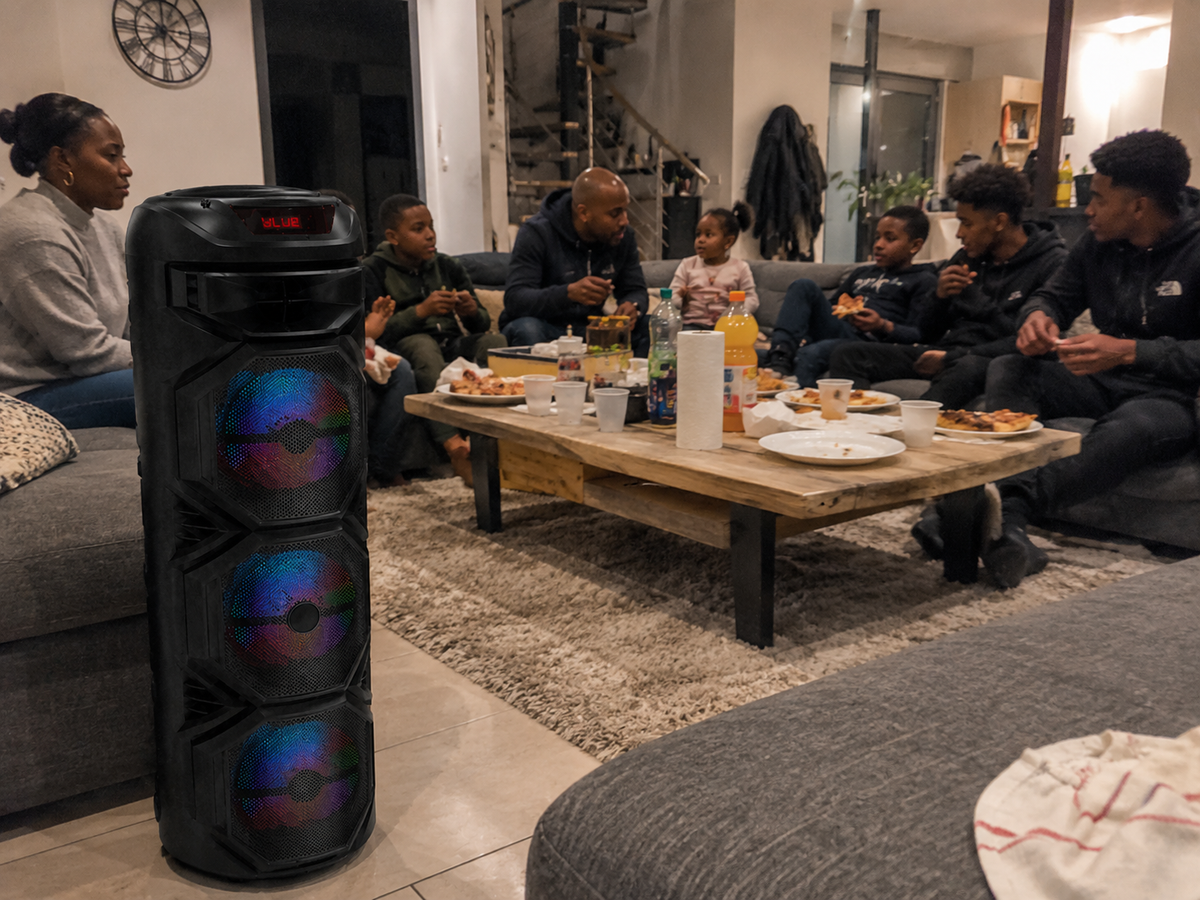 SHOPCAST PartyMax 1000 — Enceinte Bluetooth 1000W 3×8" | Micro Sans Fil, LED, Radio FM, Télécommande, Extérieur