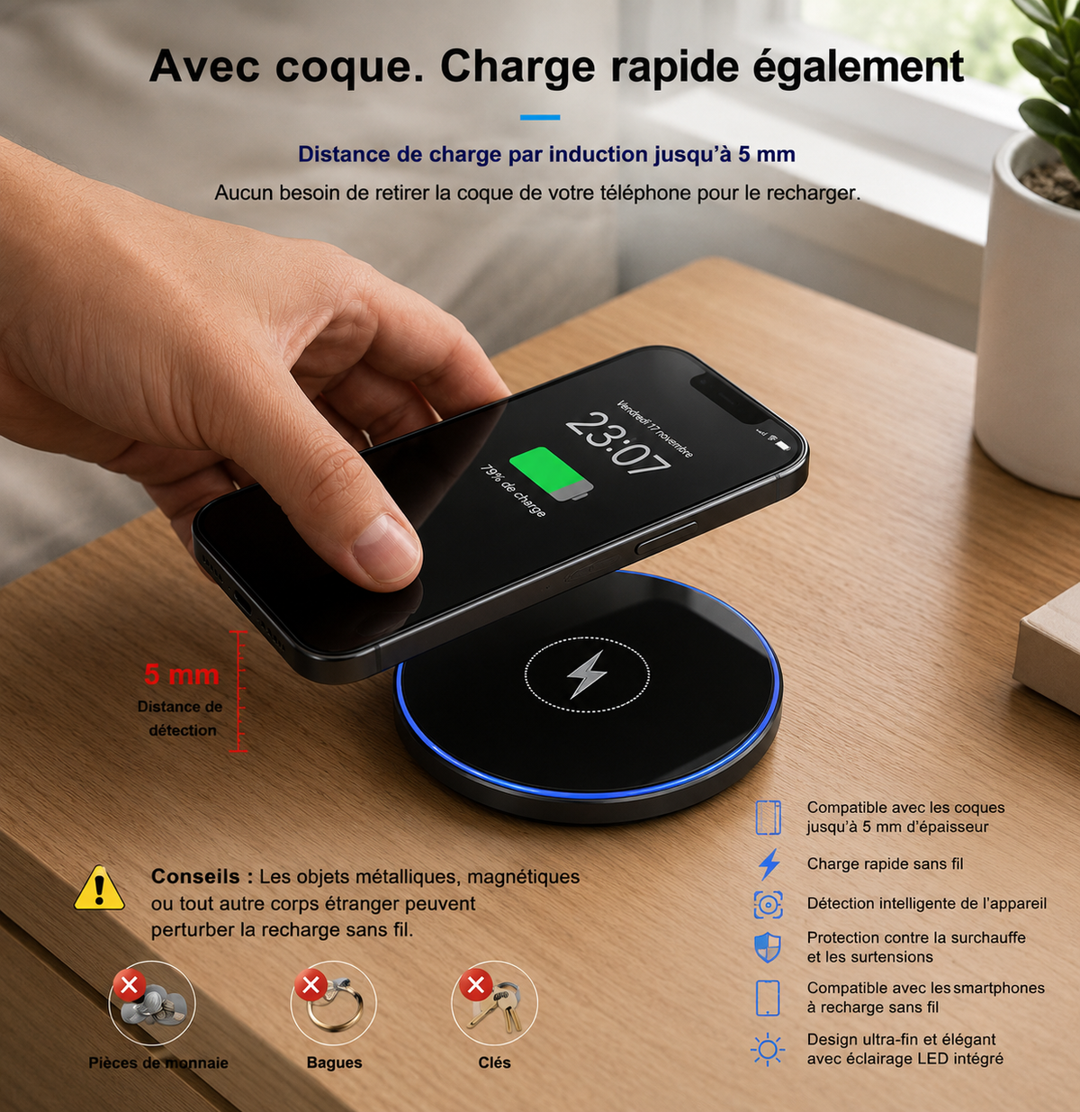 SHOPCAST AuraPad — Chargeur Sans Fil LED 15W | iPhone & Samsung