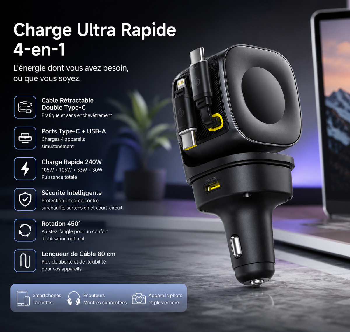 SHOPCAST VoltRide — Chargeur Voiture 240W 4 Ports | Câble Rétractable USB-C