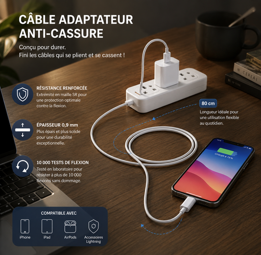 SHOPCAST PlugEssential — Chargeur Secteur EU + Câble USB iPhone | 1m, 1.5m, 2m