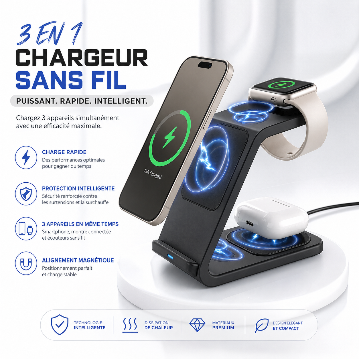 SHOPCAST TrioCharge — Station Sans Fil 3-en-1 30W | iPhone, Apple Watch & AirPods