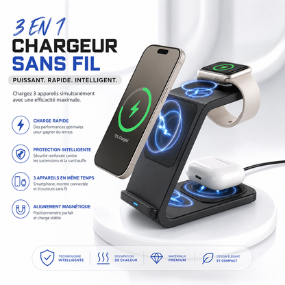SHOPCAST TrioCharge — Station Sans Fil 3-en-1 30W | iPhone, Apple Watch & AirPods