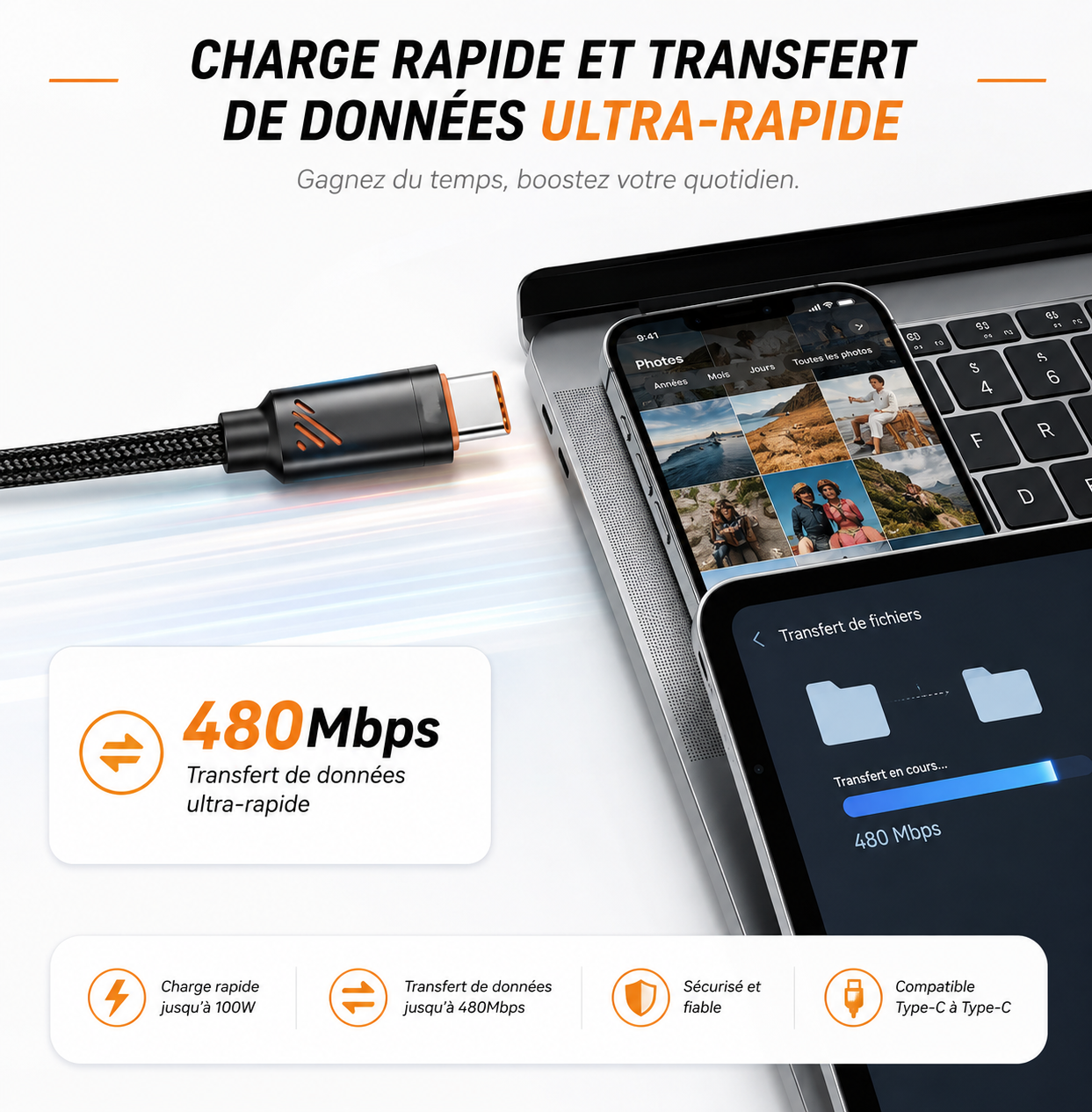 SHOPCAST FlexCable 100W — Câble USB-C Tressé Charge Rapide | 60W & 100W, 1.2m & 1.8m