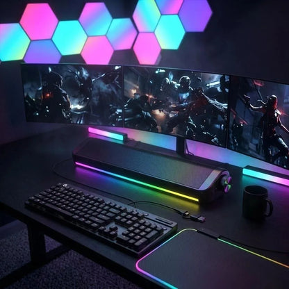 SHOPCAST SoundBar RGB — Enceinte PC Filaire & Bluetooth | Subwoofer, Son 3D Surround, USB
