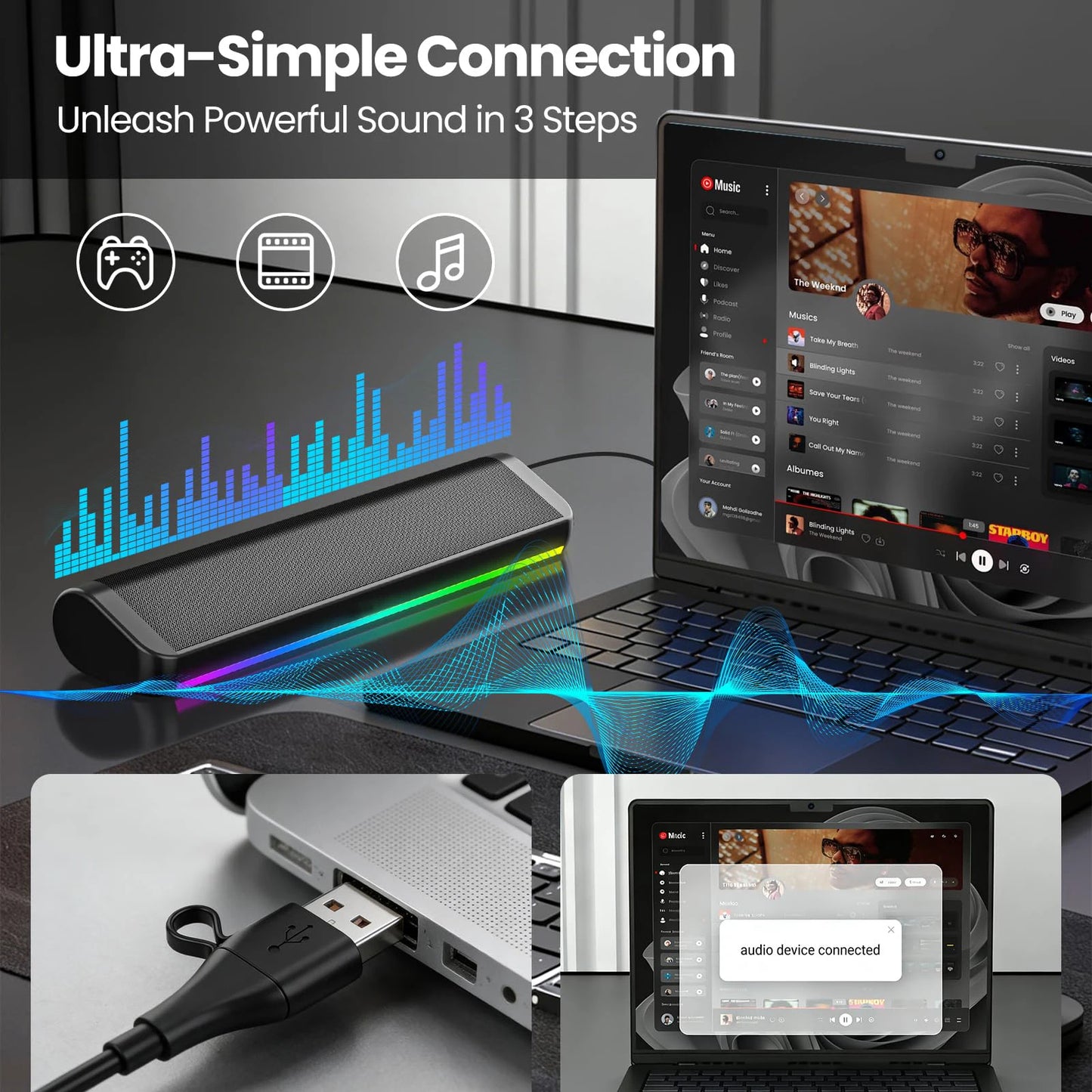 SHOPCAST SoundBar RGB — Enceinte PC Filaire & Bluetooth | Subwoofer, Son 3D Surround, USB