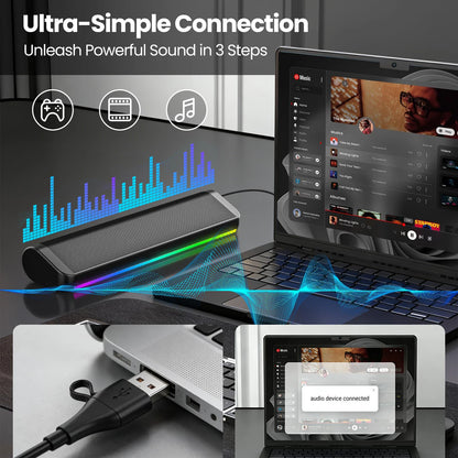 SHOPCAST SoundBar RGB — Enceinte PC Filaire & Bluetooth | Subwoofer, Son 3D Surround, USB
