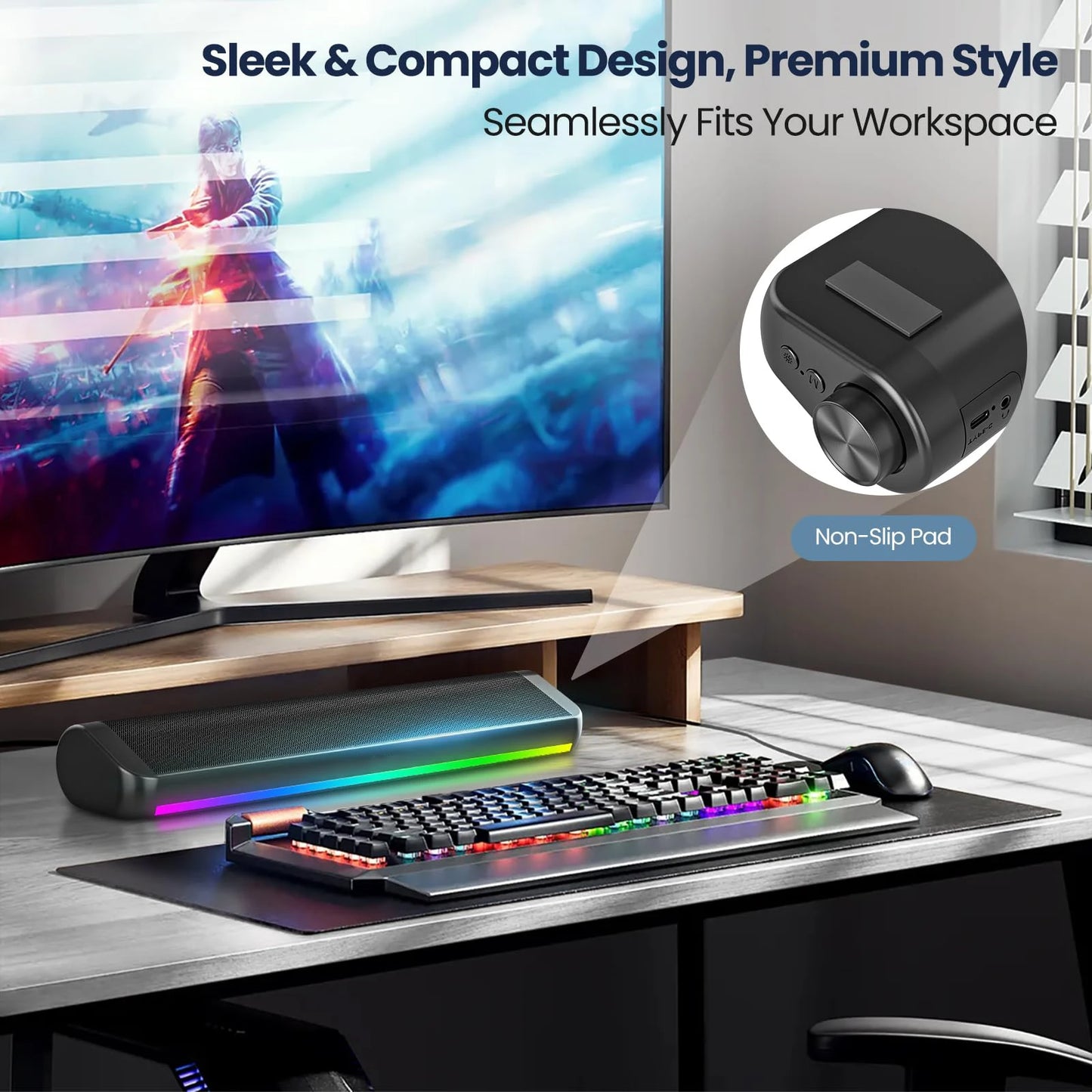 SHOPCAST SoundBar RGB — Enceinte PC Filaire & Bluetooth | Subwoofer, Son 3D Surround, USB
